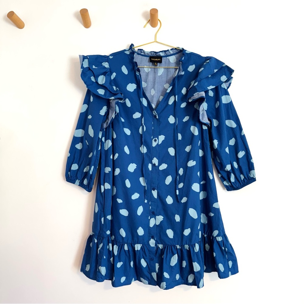 SugarLips Blue Polka Dot Ruffle Odessa Drop Waist Button Up Mini Dress Medium - Picture 2 of 8